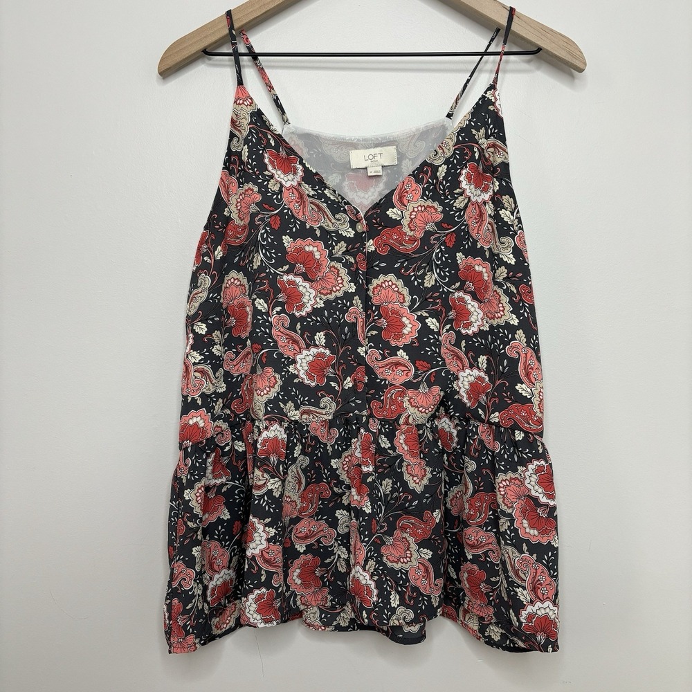 Ann Taylor LOFT Tank Top Womens Medium Gray Coral Paisley‎ Floral Peplum Button